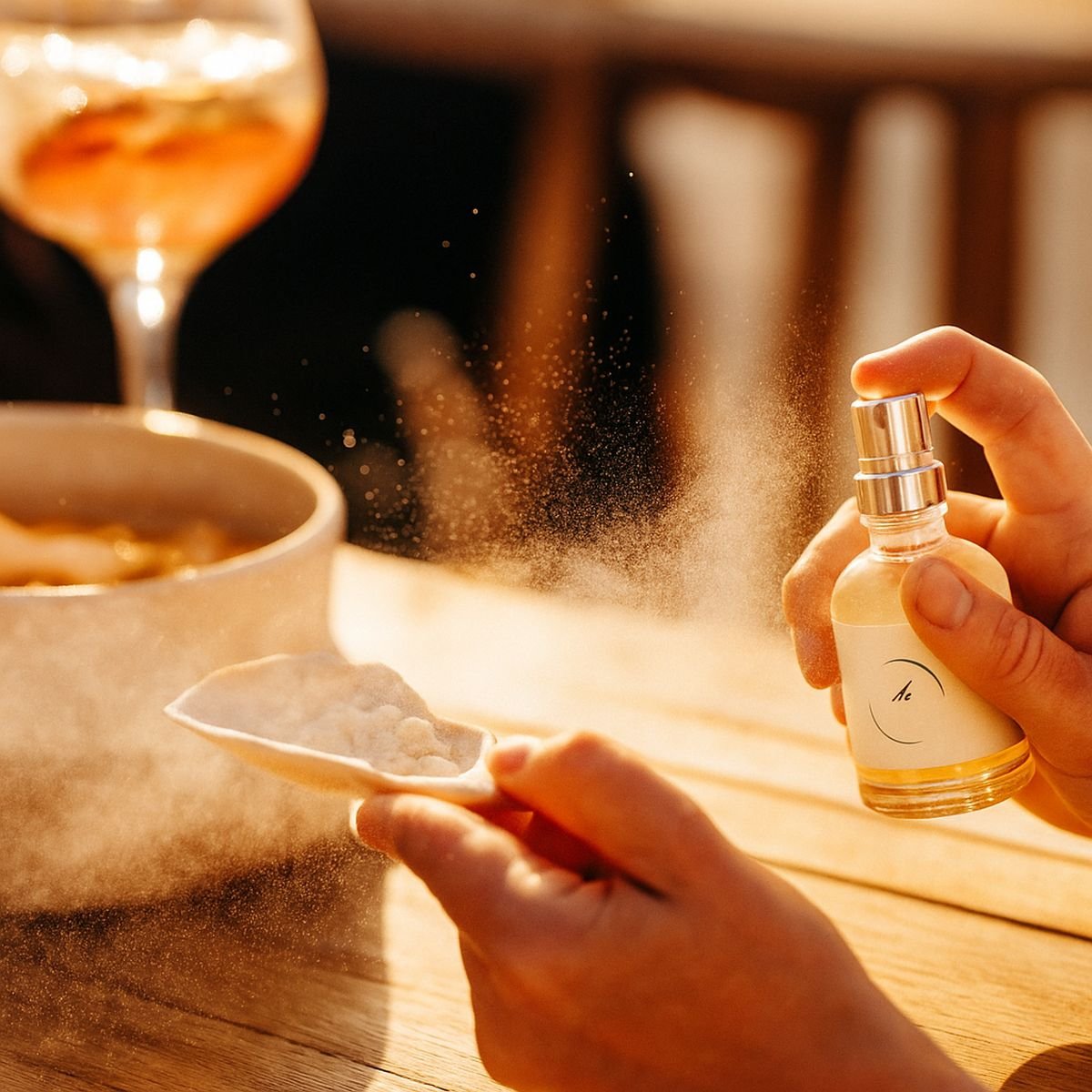 Cocktails op een houten tafel met zonsondergang op de achtergrond